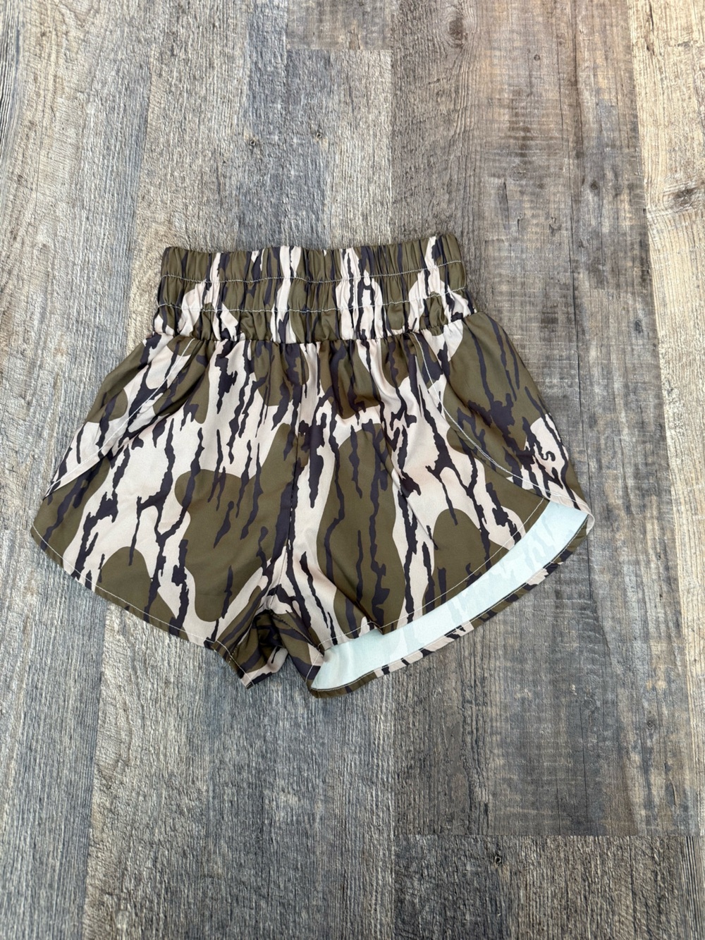 Sweet Grace Co. Women's Olive Camo Elastic Waist Shorts 3" Inseam Satin Feel